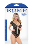 Stretch Floral Lace Romper with Tassel Ties and Snap Closure  Fantasy Lingerie- Vixen Erotic Boutique